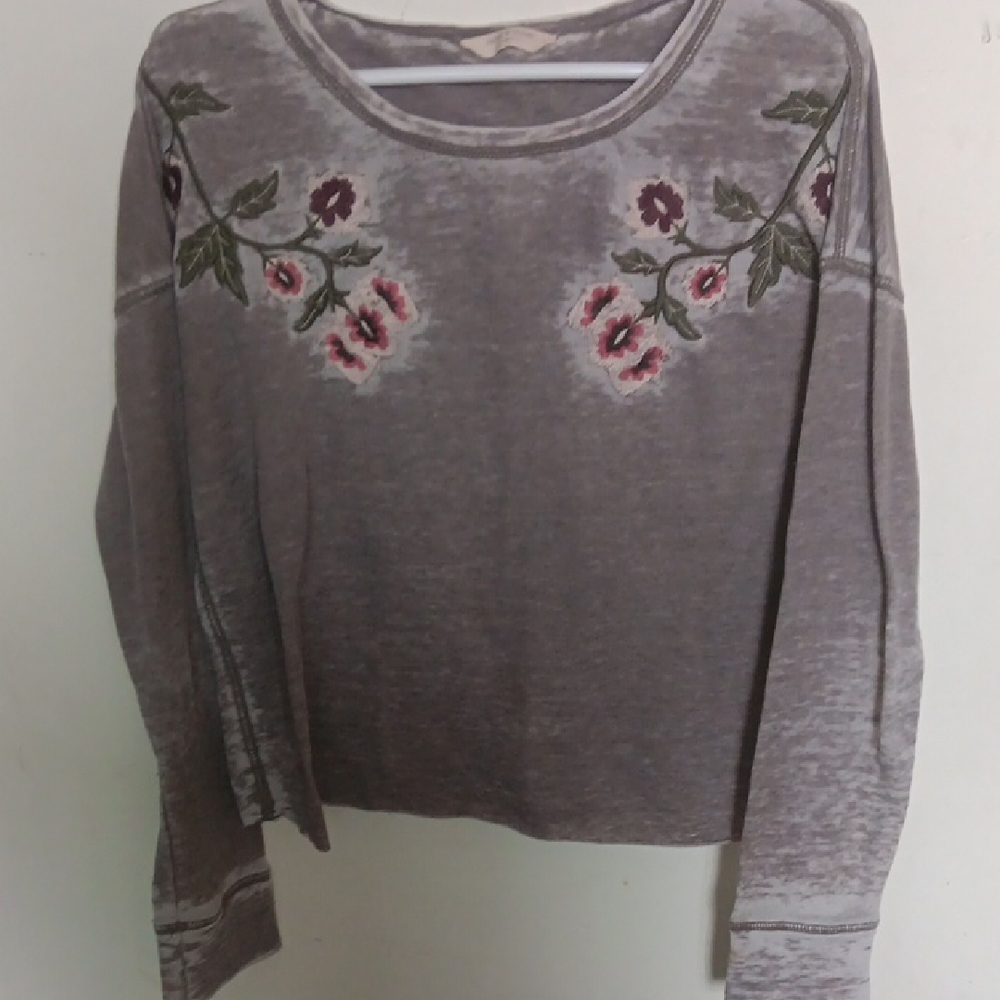 Lucky Brand Pink and Gray Crew Neck Sweater with Floral Embroidery - Picture 5 of 5